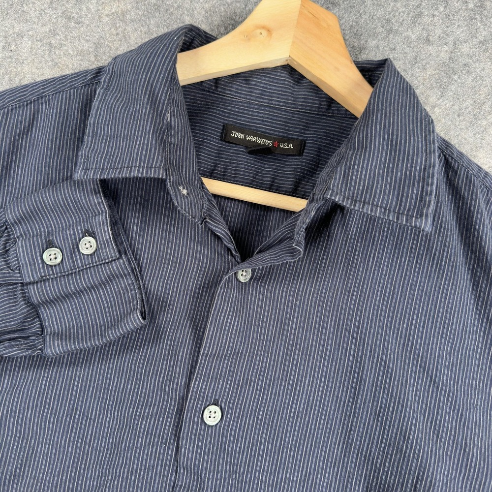John Varvatos USA Shirt Mens Medium Blue Stripe Cotton Long Sleeve Button Front